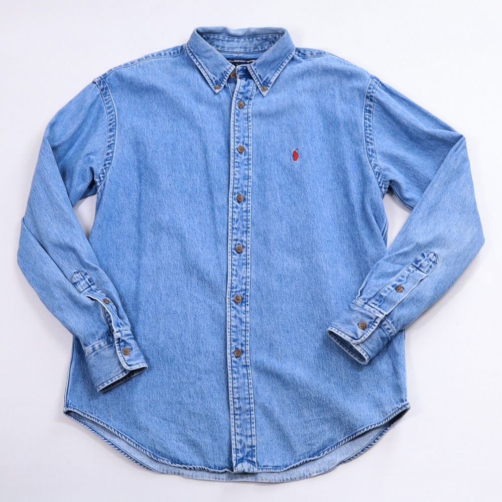 Ralph Lauren Sport Denim Button Down Women Size 10 Blue Cotton Red Pony Vintage
